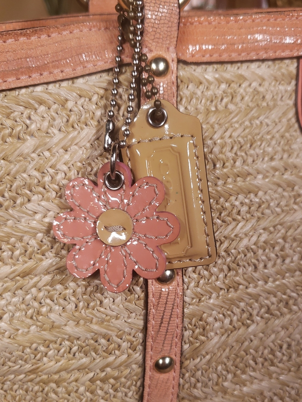 Coach Alexandra Straw Studded Tote Coral Leather w/ Flower Charm (Retail $398) - Picture 6 of 15